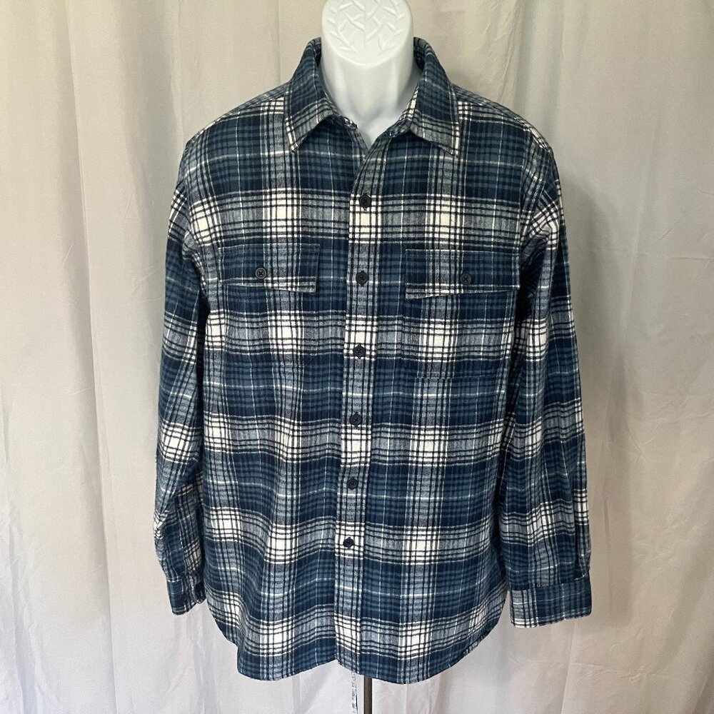 L.L. Bean Men’s Chamois Cloth Flannel Shirt Blue White Plaid Sz M EUC 🔥🪵